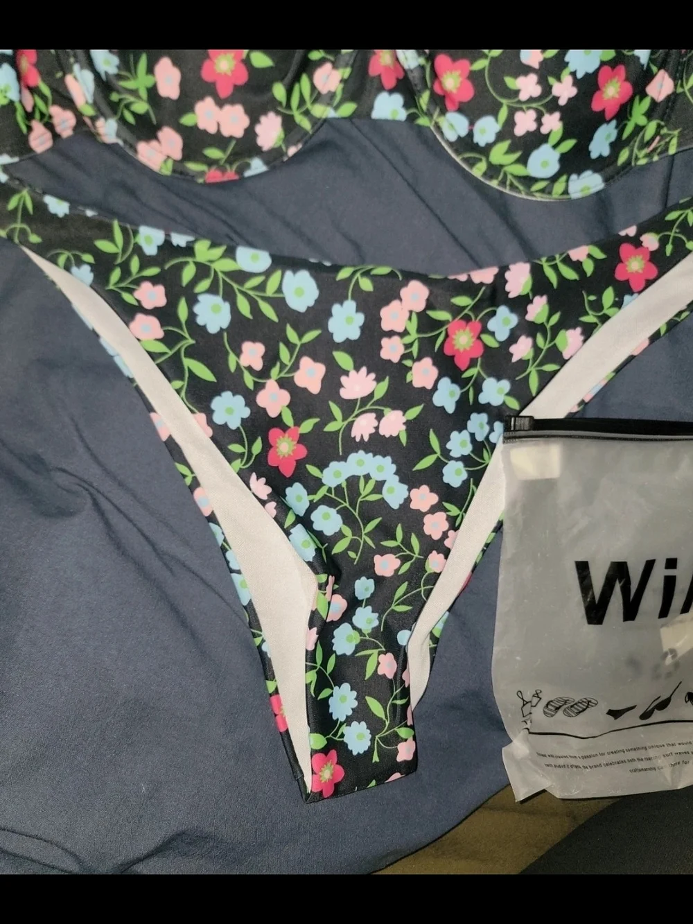 Black Floral Two-Piece Swim Set with Pink & Light Blue Flowers Size Medium